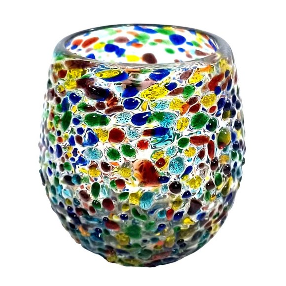 2 Fused Recycled Art Glass Rainbow Confetti Votive Tealight or Candle Holders - Picture 5 of 8